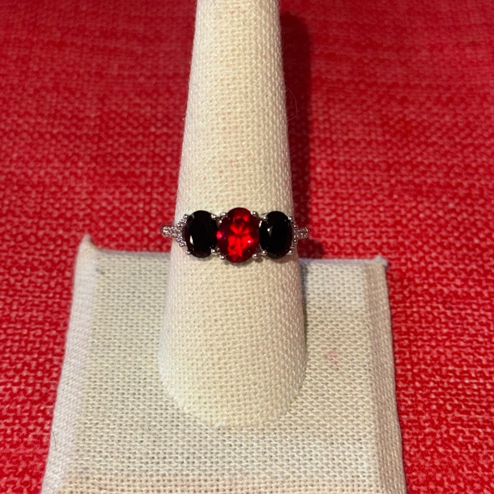 White Gold Filled Red Garnet and Obsidian Ring